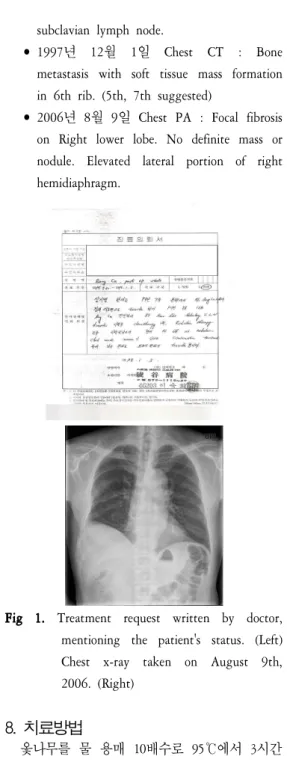 Fig 1. Treatment request written by doctor, mentioning the patient's status. (Left) Chest x-ray taken on August 9th, 2006