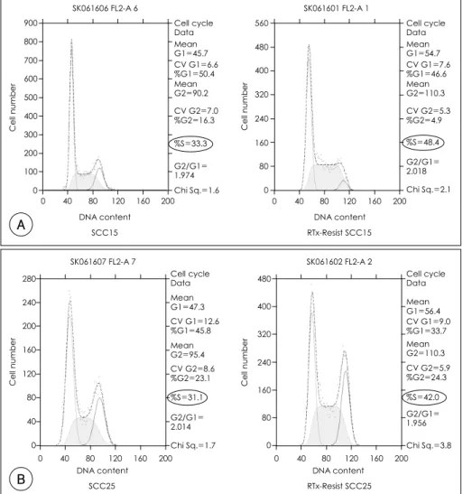 Fig. 2. Compare the cell cycle between parent and radio-resistant cell lines by flow cytometry