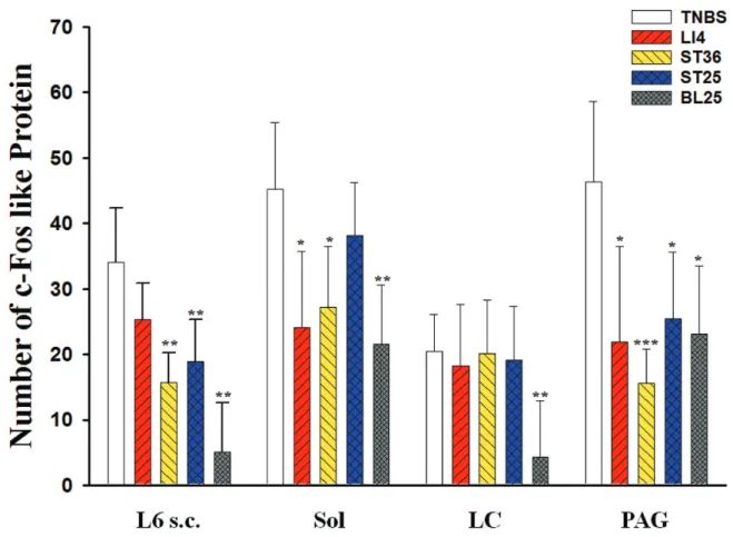 Figure 7. Effects of pharmacopunctures on the expression of c-Fos like protein at 24 hours after colorectal administra- administra-tion of a single colorectal administraadministra-tion of TNBS