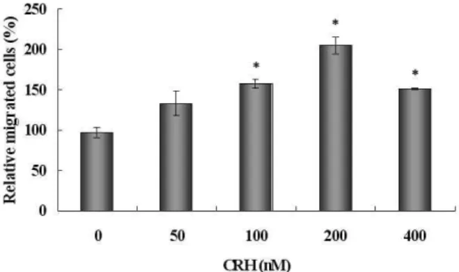 Figure  4.  CRH-induced  cell  migration  in  a  dose  dependent  man- man-ner.  MKN-28  cells  were  incubated  with  various  CRH   con-centrations  (0  nM ～400  nM,  two-fold  dilution)  for  24  h  and  then  harvested