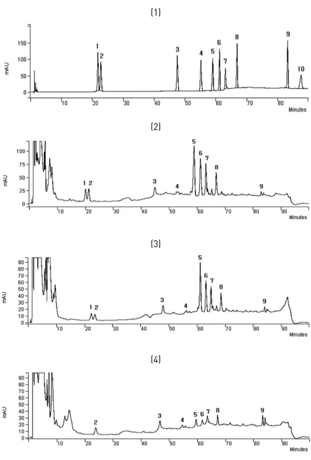 Fig. 2 (1) HPLC chromatogram of standard ginsenosides.; 1: ginsenoside Rg 1 , 2: ginsenoside Re, 3: ginsenoside Rf, 4: gin- gin-senoside Rh 1 , 5: ginsenoside Rb 1 , 6: ginsenoside Rc, 7: ginsenoside Rb 2 , 8: ginsenoside Rd, 9: ginsenoside Rg 3 , 10: