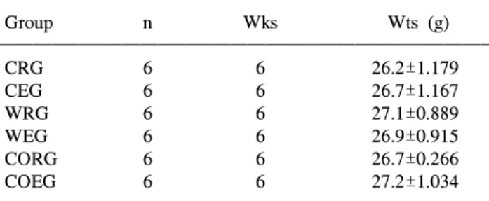 Table I. Physical characteristics of the subjects (Mean±SD)  Group n Wks Wts (g)  CRG 6 6 26.2±1.179 CEG 6 6 26.7±1.167 WRG 6 6 27.1±0.889 WEG 6 6