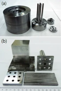 Fig. 1.  (a) Cylindrical and (b) rectangular pressing dies  designed for making artificial holes in powder compacts