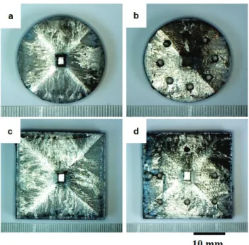 Fig. 9. Force-distance (F-d) curves at 77 K of (a) 33 mm  single grain Y1.5 samples with no holes and with nine 2.5  mm holes, and (b) 42 mm rectangular Y1.5 samples with  no holes and with nine 2.5 mm holes