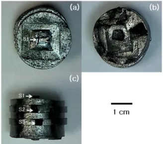 Fig. 2.  Photos of (a) the top surface, (b) the bottom surfaces  and (c) the side of a melt grown specimen