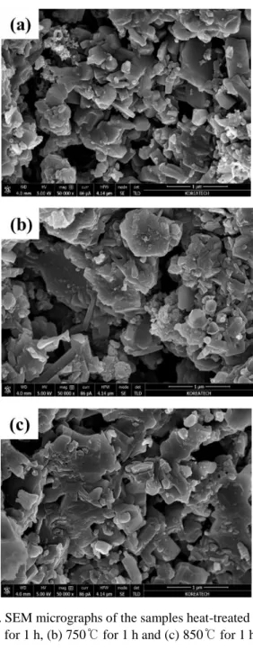 Fig. 5. SEM micrographs of the samples heat-treated at (a)  650℃ for 1 h, (b) 750℃ for 1 h and (c) 850℃ for 1 h