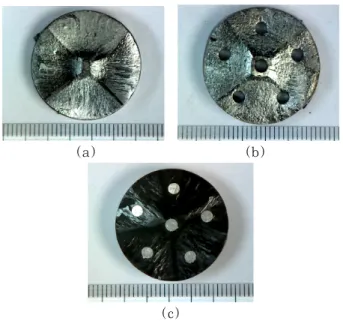 Fig. 1. Top surface view of single grain YBCO samples (a) without artificial holes, with (b) six 2.4 mm holes, (c) six 2.4 mm holes filled with metal solder.