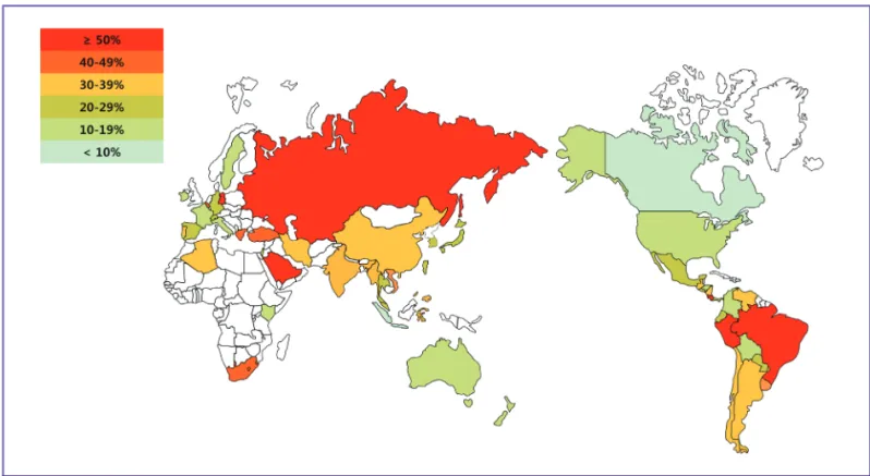 Figure 1. Geographical distribution of carbapenem-resistant  Pseudomonas aeruginosa. Most isolates were collected from 2009 to 2011 with  the following exceptions: Chile (2005), Kenya (2006 to 2007), and South Africa (2006)
