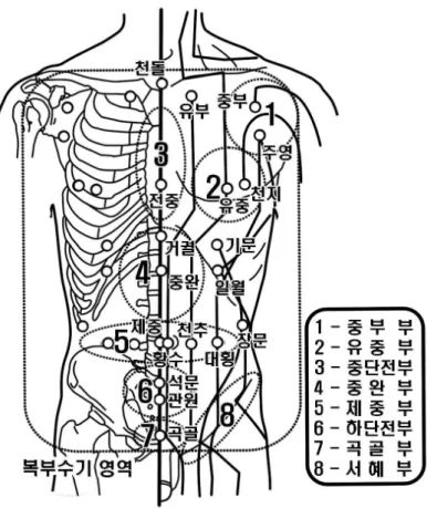 Fig.  1.  Region  of  the  abdominal  Su-Gi  therapy. (3)  시술  방법 ➀  시술  자세  먼저  수기를  시작하기에  앞서  환자를  베드  위에  앙와위  상태로  팔은  아래로  내려서  겨드랑이가  붙지  않도록  살짝  몸에서  띄워두고  양  손바닥이  하늘을  향하도록  하여  몸의  긴장을  풀고  편하게  눕 도록  한다