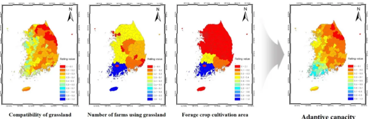 Fig.  4.  Adaptive  capacity  calculated  for  the  Republic  of  Korea  using  distribution  maps  of  grassland  compatibility,  number  of  farms  using  grasslands,  and  cultivation  area  under  forage  crops.