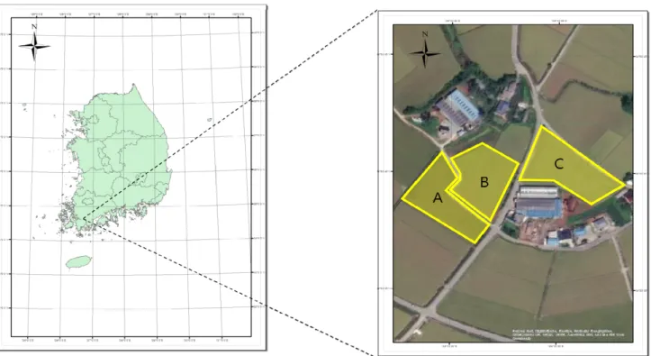 Fig.  1.  Location  of  study  site  (A:  Rye,  B:  Barley,  C:  IRG).