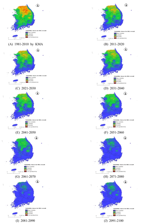 Fig.  4.  Suitability  classes  for  IRG  overall  based  on  minimum  mean  air  temperature  (January)  from  past  to  future  decades  under  RCP  8.5  scenario.