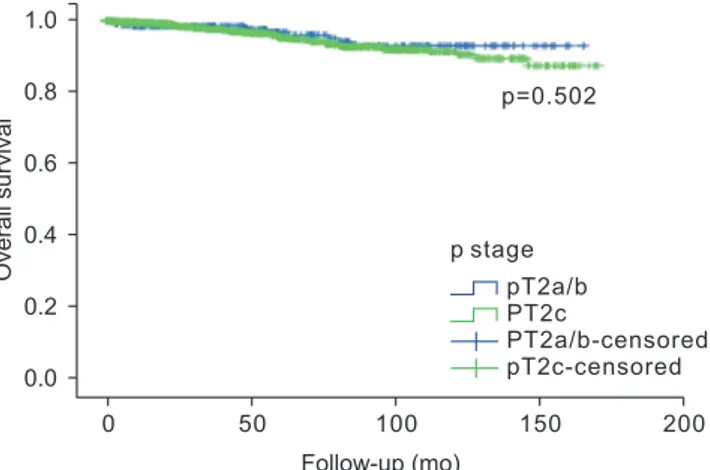 Fig. 2. Kaplan–Meier curves for overall survival according to pT2a/b  and pT2c prostate cancer
