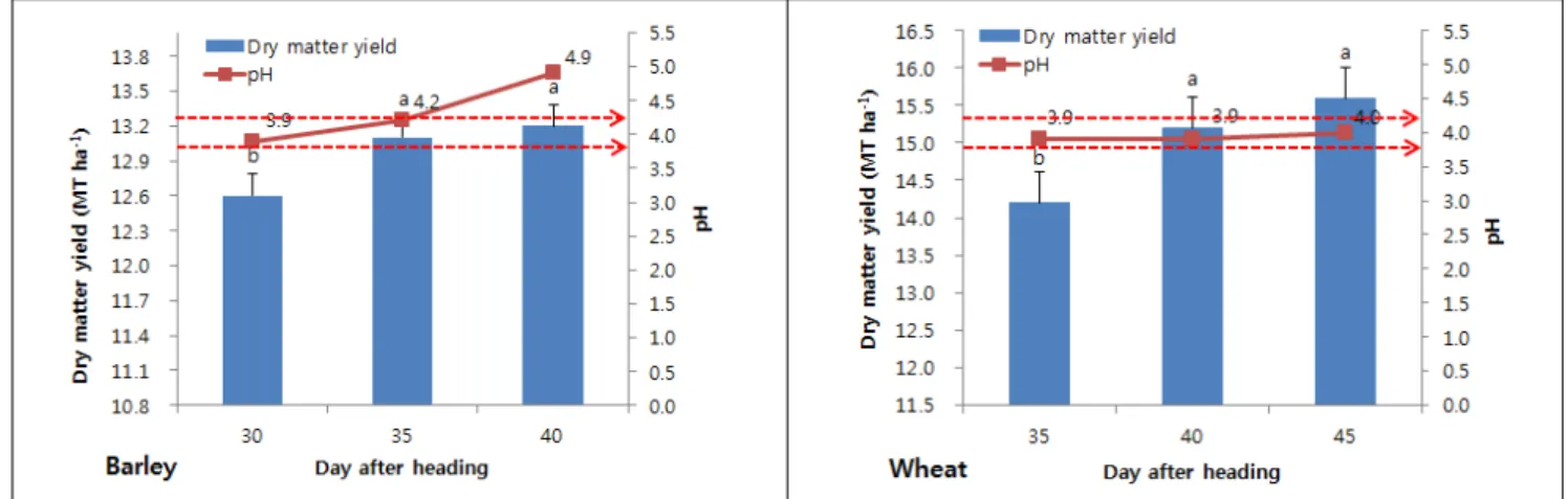 Fig.  2.  Dry  matter  yield  and  pH  of  grinded  whole  crop  silage. Ⅳ.  적  요  이 연구는 배합사료 대체용 분쇄사일리지를 조제하기 위한  보리와  밀의  적정  수확시기와  사료가치  및  발효품질을  구명 하고자 실시하였다 