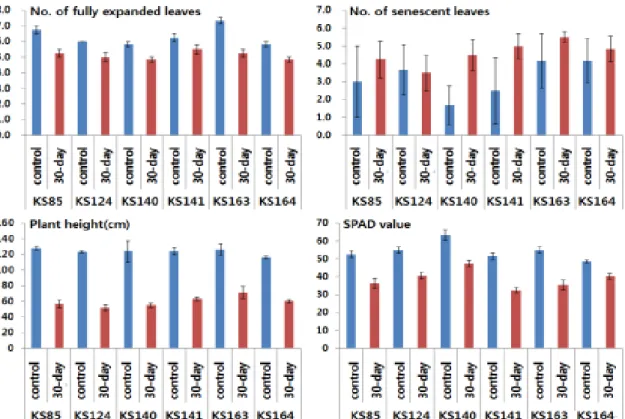 Fig. 1. Number of senescent and fully expanded leaves, plant height, and SPAD value of maize inbred lines at the  30 days after waterlogging initiation