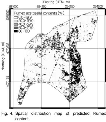Fig. 3. Measured  and  predicted  value  about  Rumex  content  by  multiple  linear  regression  analysis  with  the  combination  of  band  NIR+R+G+B(a),  R+G+B(b),  NIR+G(c),  NIR+R(d)  from  UAV  image