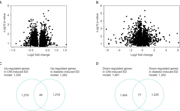 Fig. 4. Differentially expressed genes in cavernous nerve injury (CNI)- and diabetes-induced erectile dysfunction (ED) models identified by analy- analy-sis of microarrays (SAM) analyanaly-sis