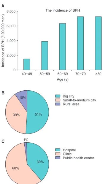 Fig. 1. The incidence and distribution of benign prostatic hyperplasia  (BPH). (A) The incidence of BPH (/100,000 persons) in 2008 according  age group, (B) regional distribution, and (C) the type of hospital.