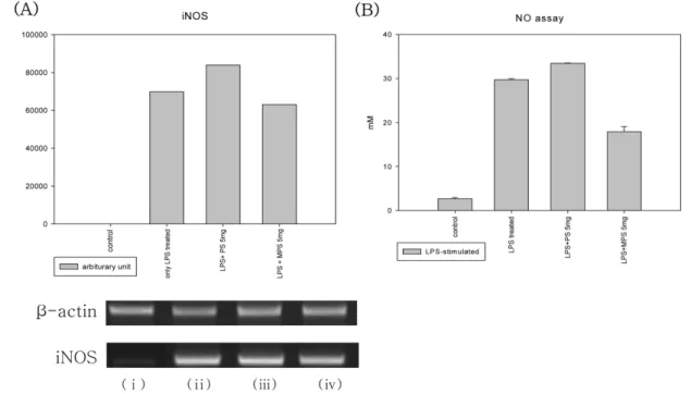 Fig. 3 − Effect of NO production by LPS-activated RAW264.7 in the presence of MPS and PS