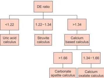 Fig. 4. Flow chart describing the approach to diagnosing calculus compo- compo-sition by use of dual-energy (DE) ratio values.