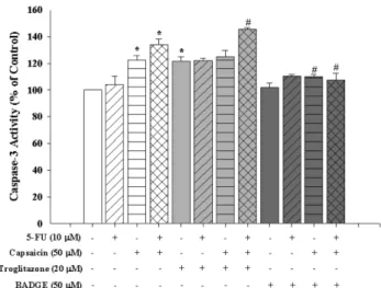 Fig. 5 − The effect of troglitazone and BADGE on the caspase-3 activity in 5-FU and capsaicin co-treated HT-29 cells