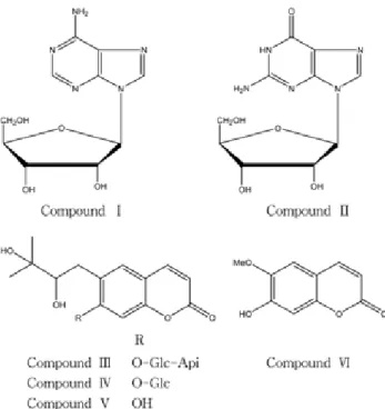 Fig. 1 − Structure of compound I~VI. Fig. 2 − The radical scavenging activities of fractions from Peucedaniradix on DPPH.