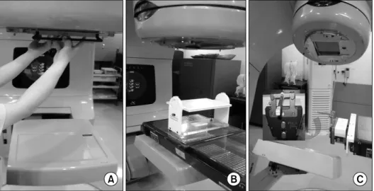 Fig. 2. Procedure for electronic portal imaging acquisition. (A) Eclipse plan, (B)  4DTC, (C) Electronic portal imaging capture in off-line review program