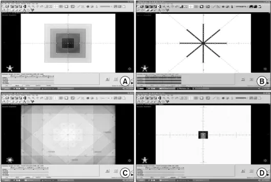 Fig. 8. Application of geometrical  quality control real-time analysis  tool. (A) Light-radiation field  coin-cidence, (B) Collimator rotation  axis, (C) Couch rotation axis, (D)  Gantry rotation axis