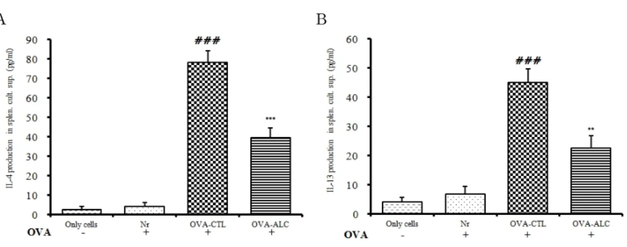 Fig. 12. Effects of ALC on IL-4 and IL-13 release in OVA challenged isolated splenocytes