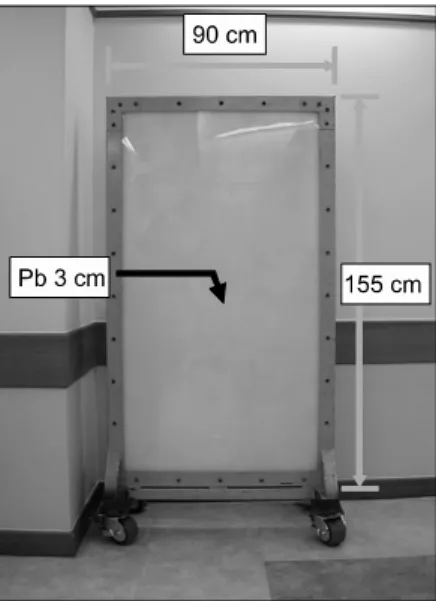 Fig. 1. Photograph of a shielding wall. Fig. 2. Photograph of a neck supporter.조사야로부터 10 cm 이내에서는 콜리메터 산란선과 체내발생 산란선이 주를 이루고, 2) 10∼20 cm에서는 체내산란선이 주를 이루고 헤드 누설방사선과 콜리메터 산란선이 약간 기여한다