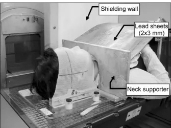 Fig. 7. Measurement points of ion chamber and set-up parameter. Fig. 8. Additional shielding to reduce the fetal dose