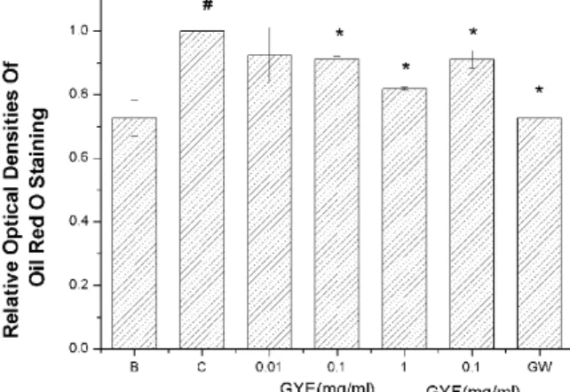 Fig. 3. Effects of GYE and GYF on lipid accumulation in  3T3-L1 adipocytes 