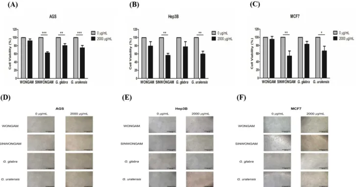Fig. 6. Effects of WONGAM, SINWONGAM, G. glabra, and G. uralensis on cell viability and morphological changes