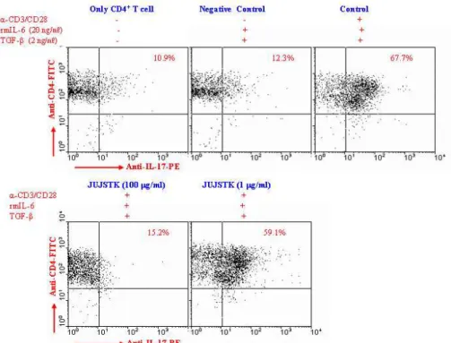 Fig.  5.  Effects  of  JUJSTK  extract  on  IL-17+CD4+  Th17  cells  intracellular  staining  analysis  by  α -CD3/α-CD28-stimulated  murine  NC/Nga  CD4+  T  cells.