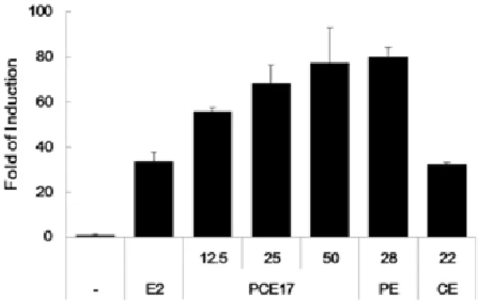 Fig. 1 Induction of the ER-β/ERE reporter gene activity in 293T  cells. HEK293T cells were transfected with an expression vector  for the human estrogen receptor-beta, a firefly luciferase reporter vector for ERE, and with a Renilla luciferase control repo