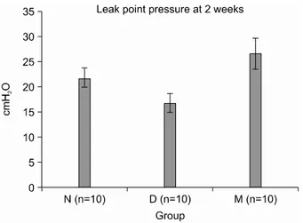 Fig.  3.  Leak  point  pressure (LPP)  at  4  weeks.  The  LPP  in  the  D  group  was  significantly  lower  at  4  weeks  than  the  LPP  at  4  weeks  in  the  N  and  M  groups