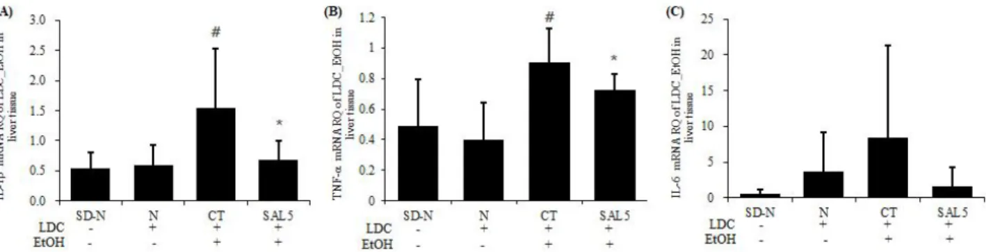 Fig. 6. Effects of SAL5 on pro-inflammatory cytokines mRNA expression in liver tissue of chronic ethanol-induced fatty liver model
