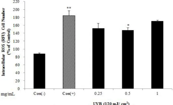 Fig. 3. Cellular antioxidant activity of Leonurus sibiricus methanol  extract in UVB-induced oxidative stress in HS68 cells