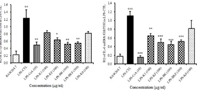 Fig. 6. Effect of K0, K1, KF, BK, and BKF on pro-inflammatory IL-1β, IL-6 mRNA in RAW 264.74 cell line