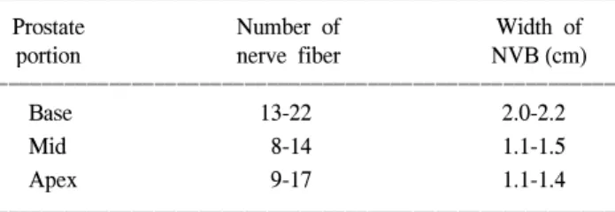 Table  1.  Number  and  width  of  the  nerve  fibers  in  the  neuro- neuro-vascular  bundle (NVB)  according  to  prostate  portion