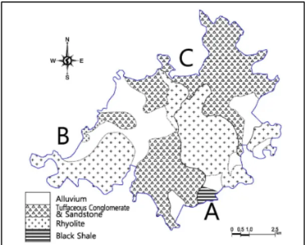 Fig.  1.  Geology  and  Geologic  sites  of  study  area.