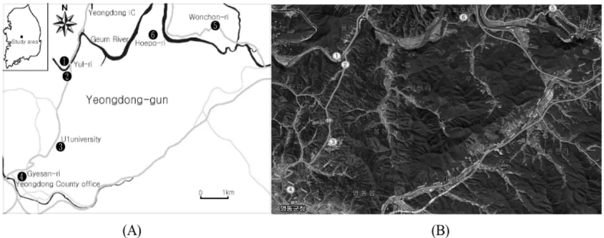 Fig. 2. Observation sites(①~⑥) in the study area(A) and satellite picture(B). (http://map.daum.net) 