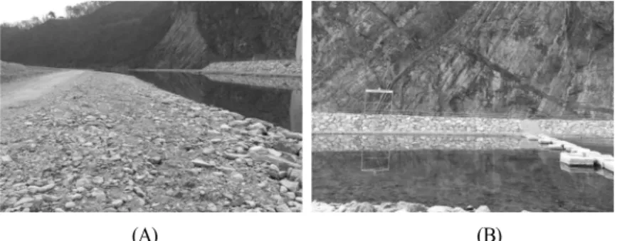 Fig. 4. Riversides upstream of the Geumgang(A), stratigraphic section of the cliffs(B) at site ①)