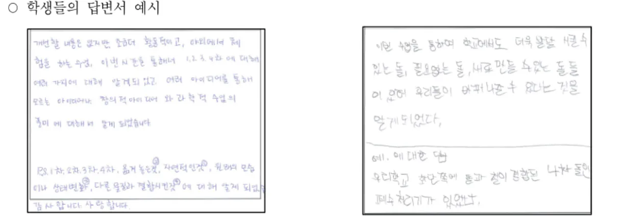 Fig. 8. The samples of students' impressions about the learning program5. 학교캠퍼스를 교수/학습장으로 운영한 창의적 체험활동 프로그램의 고찰   본 연구에서 학교캠퍼스를 대상으로 과학 동아리의 창의적 체험활동 프로그램을 운영한 결과와 얻어진 자료들을 분석해 볼 때,  학교캠퍼스는 다양한 교수/학습의 체험 공간으로서 충분한 가치를 지니고 있다고 볼 수 있다