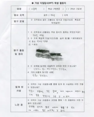 Fig. 10. VFT inquiry sheet 3. 결과 분석 및 논의      본 연구에서 적용한 VFT를 35명의 중학생들에게  적용한  후  그  효과를  알아보기  위해  Orion과  Hofstein(1991)의 지질학적 태도 검사지를 수정하여  활용한 Table 2와 같은 Kim(2014)의 VFT  검사지를  활용하였다
