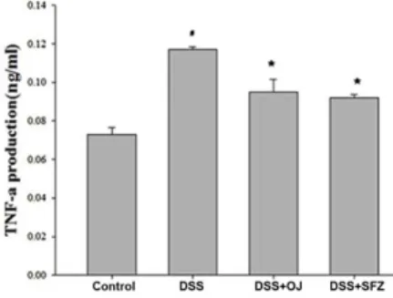 Fig.  4.    Effect  of  OJ  on  the  TNF-a  levels  in  DSS-induced  colitis. 