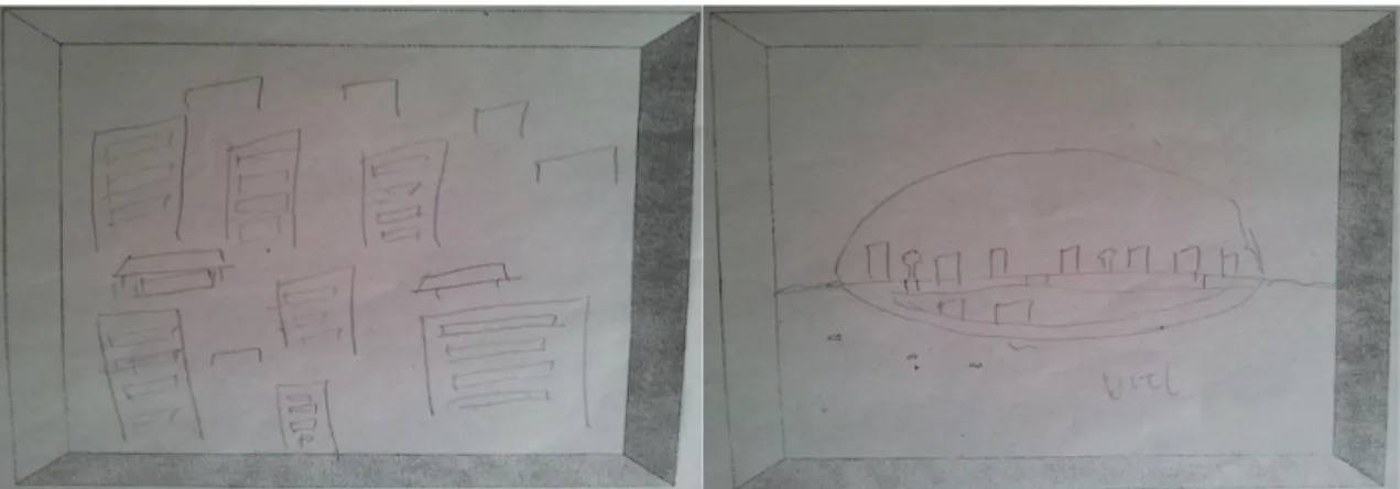 Fig.  4. S17's environmental image: present → future 환경을  구성하고  있는  요소들로  동물과  식물  및  무생물을  표현함으로써  환경이  인간에  의해  변형되 지  않은  순수한  자연  공간이라고  내면화  하는  정신 모형  1로  분석된  사례인  S1의  환경  그림  속에는  식 물-나무와  꽃,  동물-새,  무생물-태양이  표현되어  자연 적인  상태의  요소들로만  현재의  환경이  이루어