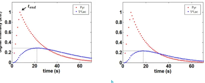 Fig. 1.  Simulation of two-site exchange model (a) without and (b) with RF excitation of FA = 10°
