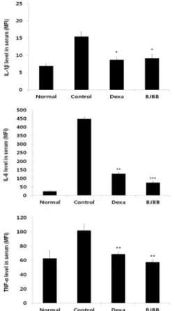 Fig.  4.  The  level  of  IL-1β,  IL-6  and  TNF-α mRNA  in  spleen  from  DNCB-induced  atopic  dermatitis  model  of  NC/Nga  mice