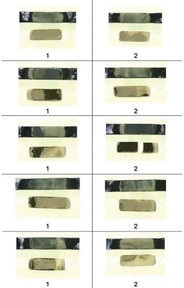 Fig. 5.  Fractured specimens of test group after three-point  bending test. 1 211112222